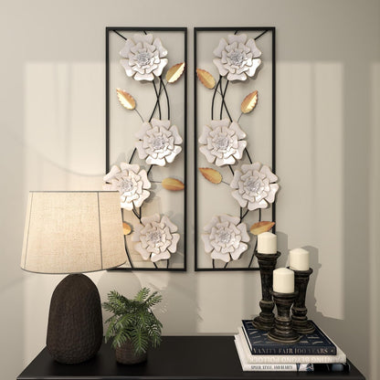Deco 79 Metal Floral Home Wall Decor Dimensional Floating Wall Sculpture with Black and Gold Accents, Set of 2 Wall Art 12"W, 36"H, White & Gray
