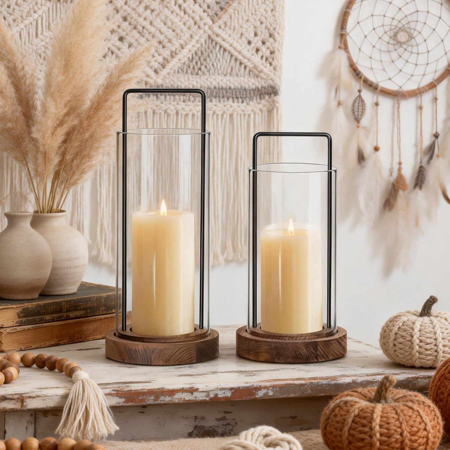 Houmury Set of 2 Hurricane Candle Holders Lantern 12” & 10”with Wood Base Metal Handle Glass Cylinder Modern Farmhouse Decor for Home Decoration, Table Centerpieces (Warm Amber Brown)