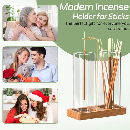 2 in 1 Incense Holder with 7.8" & 5.9" Glass Jars, Large Incense Holder for Sticks, Upside Down Incense Burner with Ash Catcher & Storage for Meditation Yoga Spa Home Decor - 20 Incense Sticks & Brush