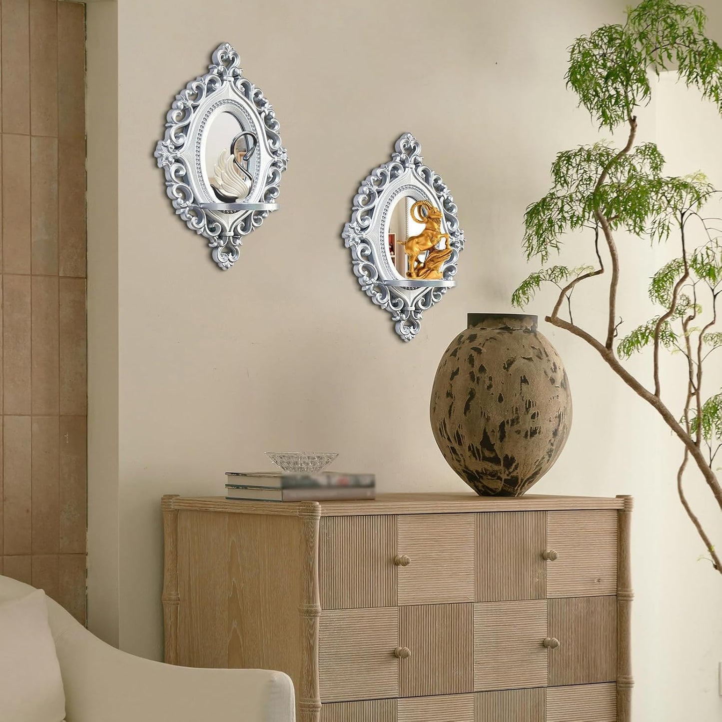 Three-Dimensional Relief Candle Sconces Set 2 Rustic Wall Mount Candle Holders Wood Hanging Wall Decor Mirrored Wall Art Hand Carved Home Decoration Gold