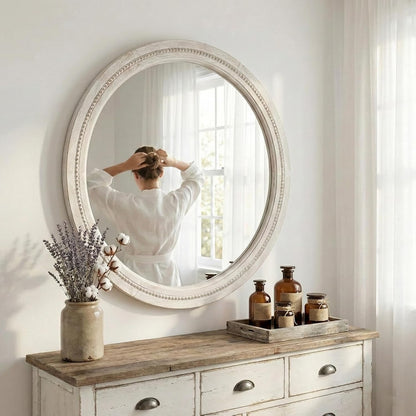 30" Round Solid Wood Mirror for Bathroom Vanity, Handcrafted Beaded Circle Wall Mirror - Natural Boho Farmhouse Decor for Entryway & Bedroom