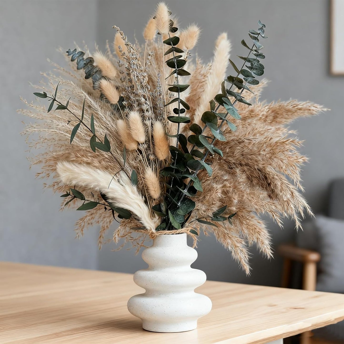 Boho Pampas Grass Bouquet, Exquisite Lavender, Eucalyptus, Wheat & Bunny Tail for Western Boho Decor, Rustic Dried Floral Arrangement for Bohemian Home, Bedroom, Wedding and Table Décor