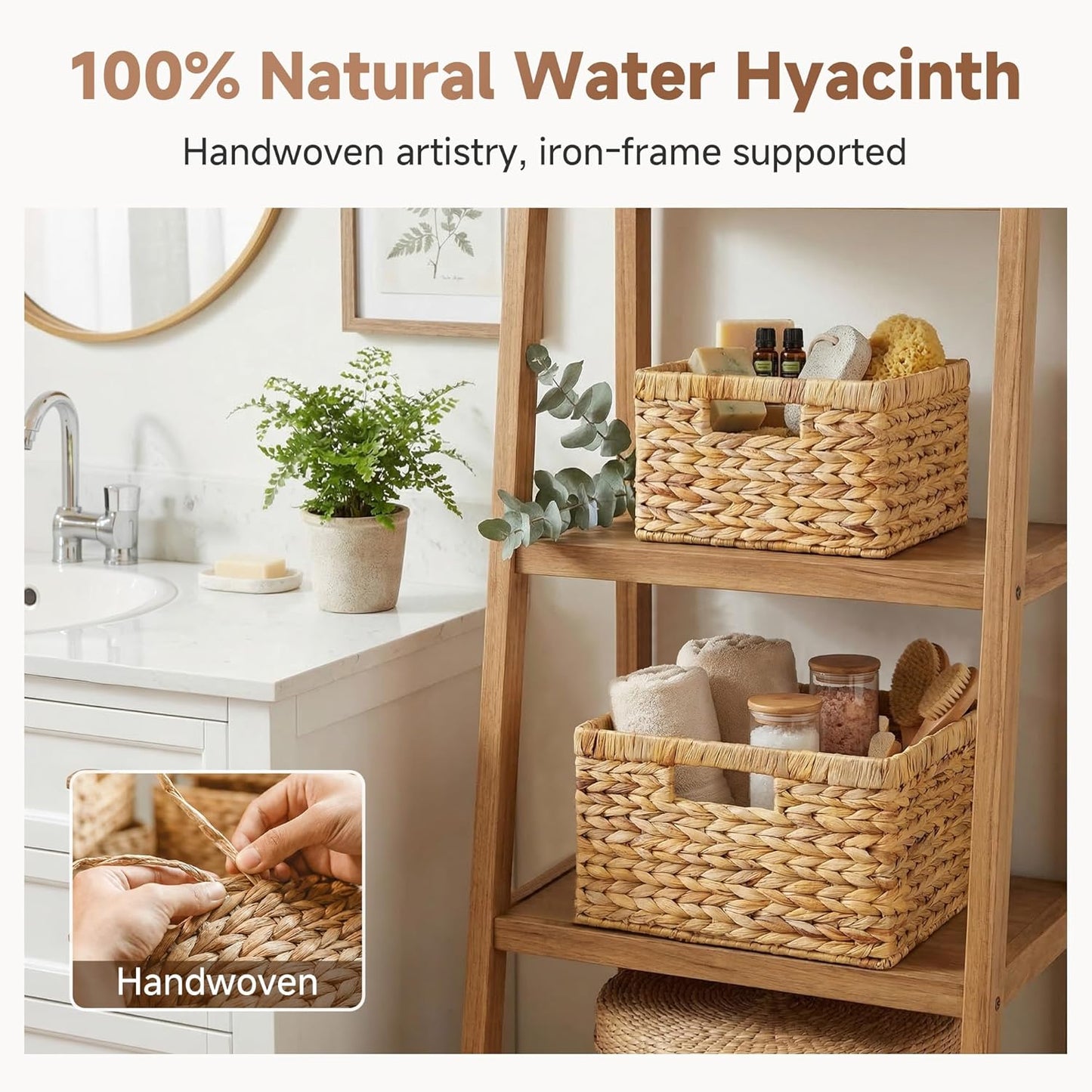 StorageWorks Wicker Basket, Baskets for Organizing, Storage Basket with Built-in Handles, Water Hyacinth Shelves (Medium 2-Pack, Natural Hyacinth)