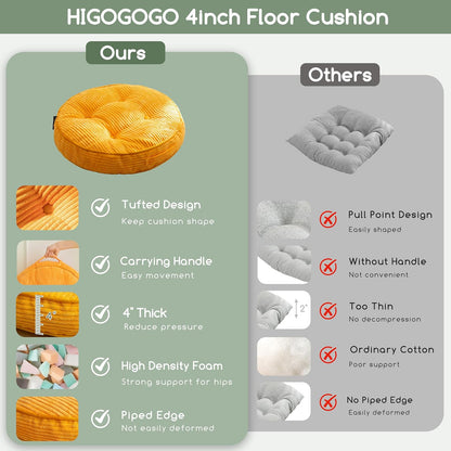 HIGOGOGO 6" Extra Thick Floor Pillow Cushion for Adults, Meditation Cushion Pillow, Large Square Floor Sitting, Tufted Corduroy Cover, for Tatami Living Room or Yoga, 22x22 Inch, 2Pack, Dark Grey