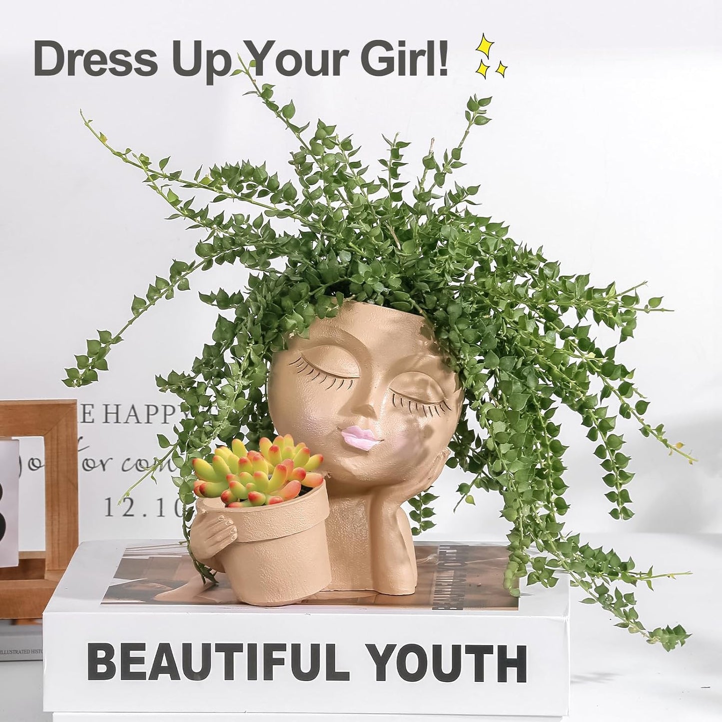 vomiceak Face Planter Pots Head, Planters for Indoor Plants - Double Cute Plant Pots for Flower & Succulent with Drainage Holes - Gift Ideas for Women (White Lady)
