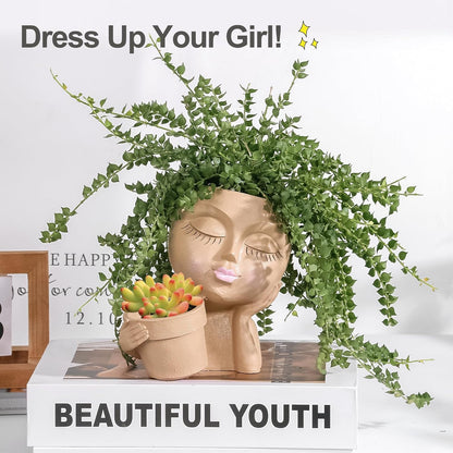vomiceak Face Planter Pots Head, Planters for Indoor Plants - Double Cute Plant Pots for Flower & Succulent with Drainage Holes - Gift Ideas for Women (White Lady)
