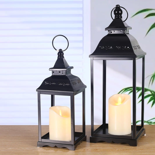 HAVITI 2 Pack Large Lanterns Decorative Indoor, Black Farmhouse Outdoor Lantern for Porch, Tall 22'' 17'' Lantern Decor (no Glass) with 2PCS Flameless Candles for Wedding Home Table Front Door
