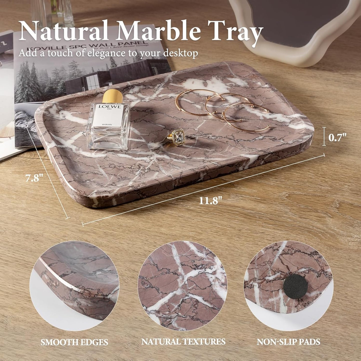 Koville Romano Travertine Tray, 12"x8" Natural Stone Vanity Tray for Countertop Bathroom Kitchen Dresser, Decorative Marble Catchall Trays for Perfume Jewelry, Rectangular Serving Tray(Beige)