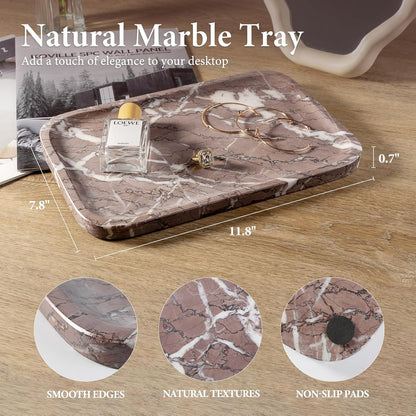 Koville Romano Travertine Tray, 12"x8" Natural Stone Vanity Tray for Countertop Bathroom Kitchen Dresser, Decorative Marble Catchall Trays for Perfume Jewelry, Rectangular Serving Tray(Beige)