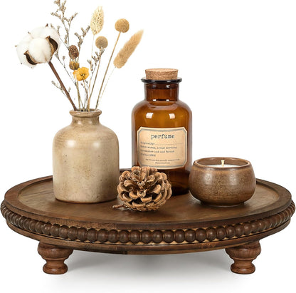 EOSAHR Round Pine Wooden Display Riser - Beaded Wood Riser for Plant, Sponge Holder & Perfume Organizer - Rustic Display Stand Kitchen Counter Organizer, Boho Chic Home Decor for Living Room(Brown)