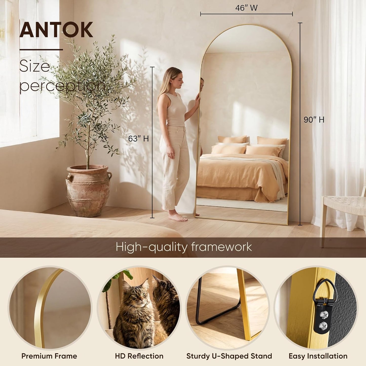 Antok 71" x28” Arched Full Length Floor Mirror, Black Aluminum Frame, Free Standing/Wall Mount/Leaning for Bedroom, Living Room, Dressing Room