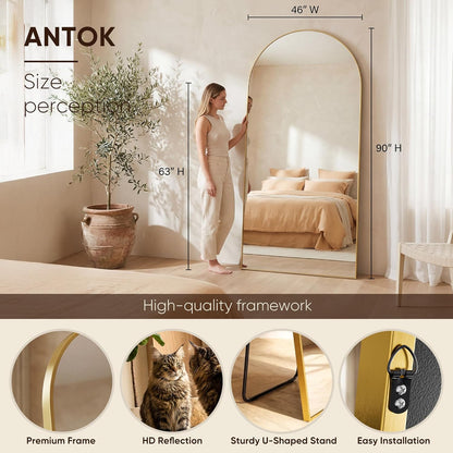 Antok 71" x28” Arched Full Length Floor Mirror, Black Aluminum Frame, Free Standing/Wall Mount/Leaning for Bedroom, Living Room, Dressing Room