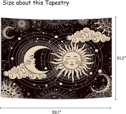 Wonrizon Sun and Moon Tapestry, Aesthetic Black Dark Spiritual Tapestries Mystic Burning Sun with Clouds Star Wall Hanging decor for Bedroom (51.2" x 59.1")