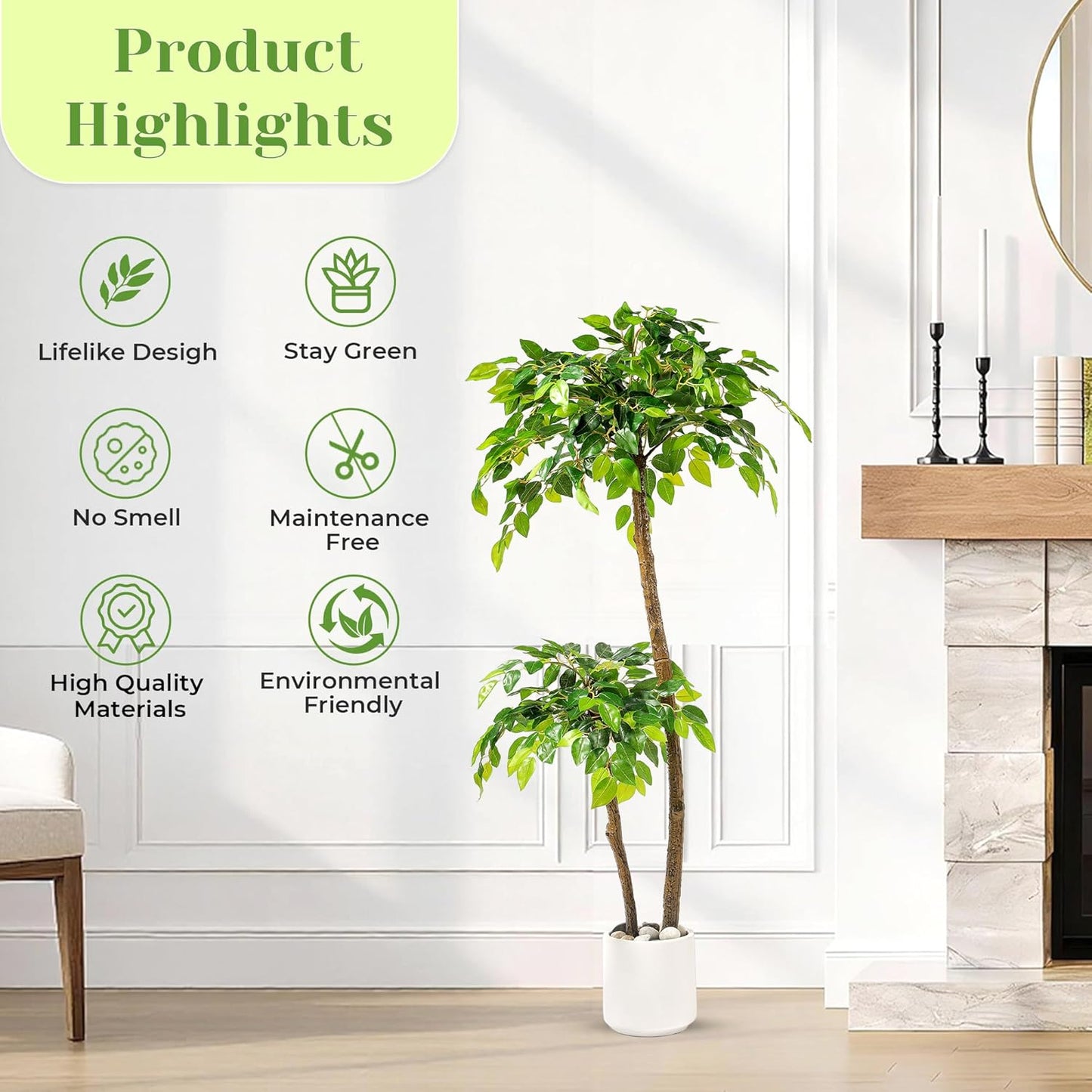 5FT Artificial Ficus Tree with White Planter and Pebbles,Faux Silk Tree with Lifelike Leaves and Realistic Trunk,Tall Fake Potted Plant for Home and Office Décor Indoor and Outdoor (5FT)