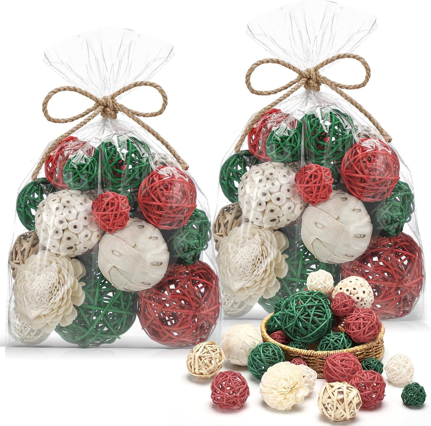Riceshoot 2 Pack Decorative Balls Potpourri Bowl Filler Decor Natural Vase Bowl Filler Assorted Spherical Rattan Twigs Wicker Balls Cotton for Home Centerpiece(White)