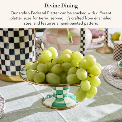 MACKENZIE-CHILDS Enamel Pedestal Serving Platter, Decorative Serving Dish for Food, Small, Black-and-White Courtly Check