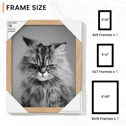 Venusmiles 15 Pack Picture Frames Collage Wall Decor, Gallery Frame Set for Wall Mounting or Tabletop Display, Multi Sizes Including 3pcs 8x10, 6pcs 5x7, 6pcs 4x6, Oak