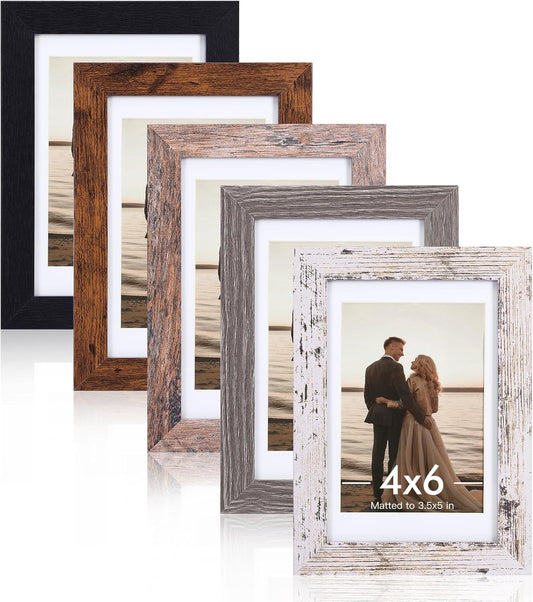 Fixwal 4x6 Picture Frames Set of 5, Vintage Multicolour Photo Frames with Tempered Glass, Decorative Art for Wall Hanging and Tabletop Placement, Display 3.5x5 with Mat or 4x6 Without Mat