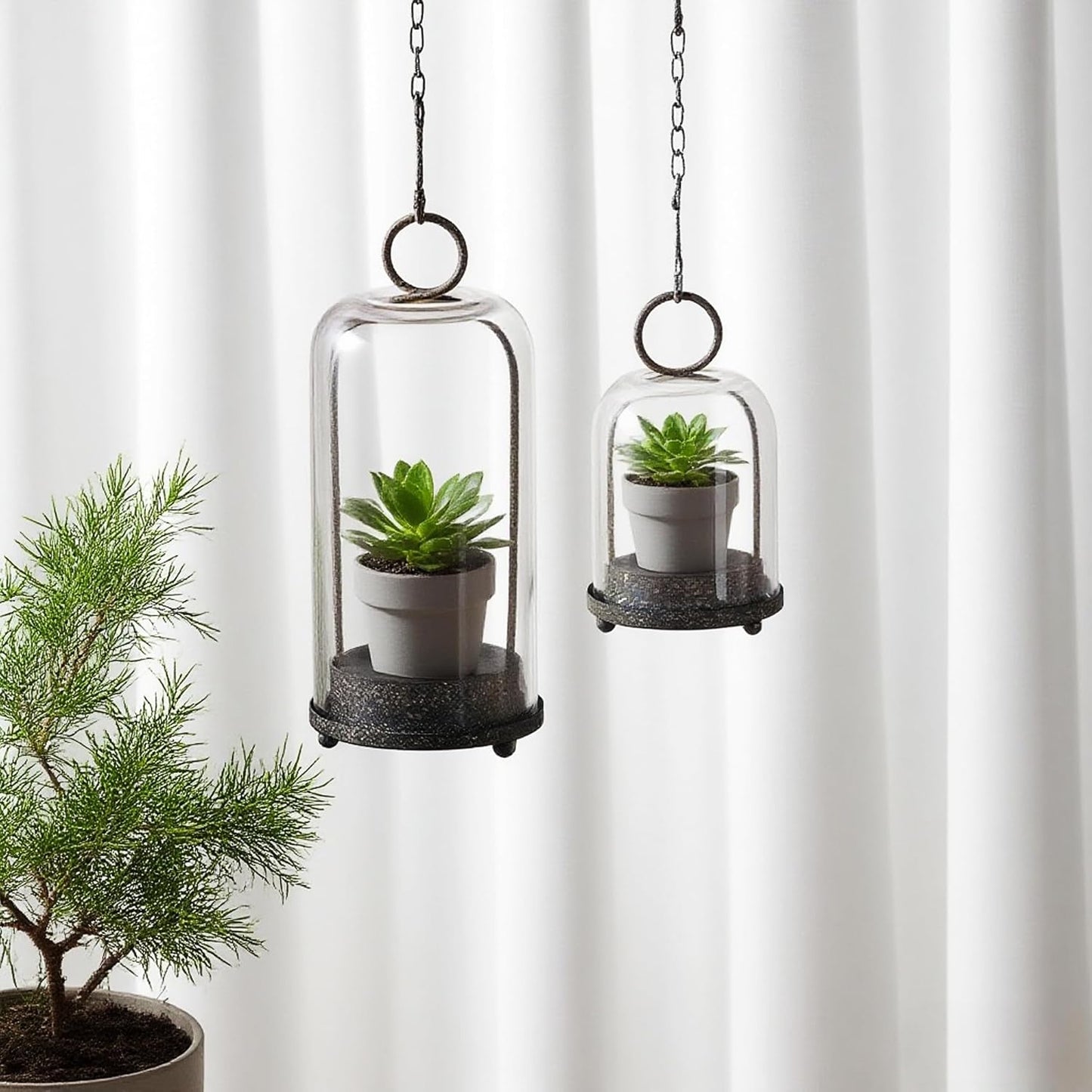 5" & 4" Wide Versatile Metal Candle Holder with Handmade Sturdy Glass Dome in Brass for Pillar Candle & Plants, 5.1" xH11.8 4" xH7.5, Industrial, Farmhouse, Shabby Chic. (2, Brass, Large & Small)