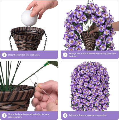 HyeFlora Artificial Flowers for Outdoors, 2pcs Faux Silk Pansies Flowers UV Resistant Fake Hanging Flower Plants for Outside Planters Porch Yard Patio Window Box (Mix Purple)