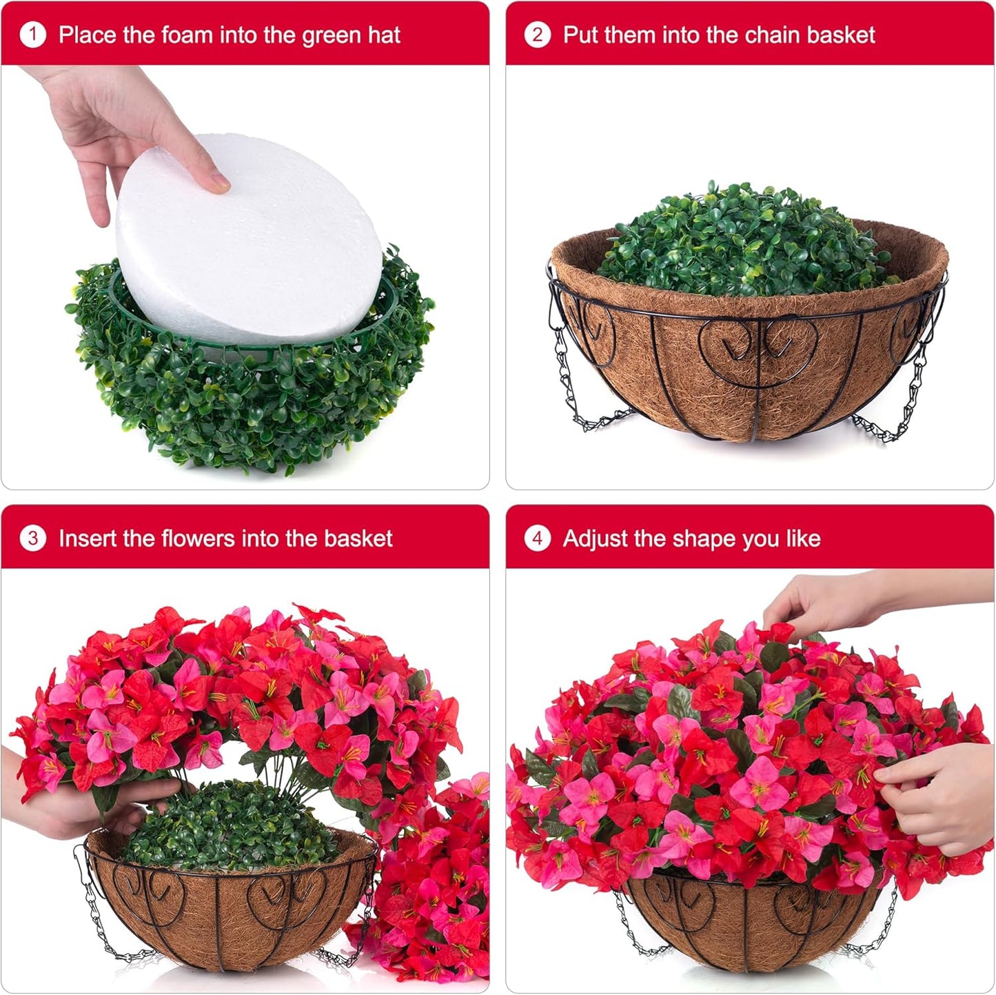 Artificial Hanging Flowers Faux Plants Basket for Outdoors Spring Summer Decor, Fake Silk Bougainvillea in Planter Outdoor Look Real UV Resistant Faux Flower for Outside Porch Patio Garden Home, White