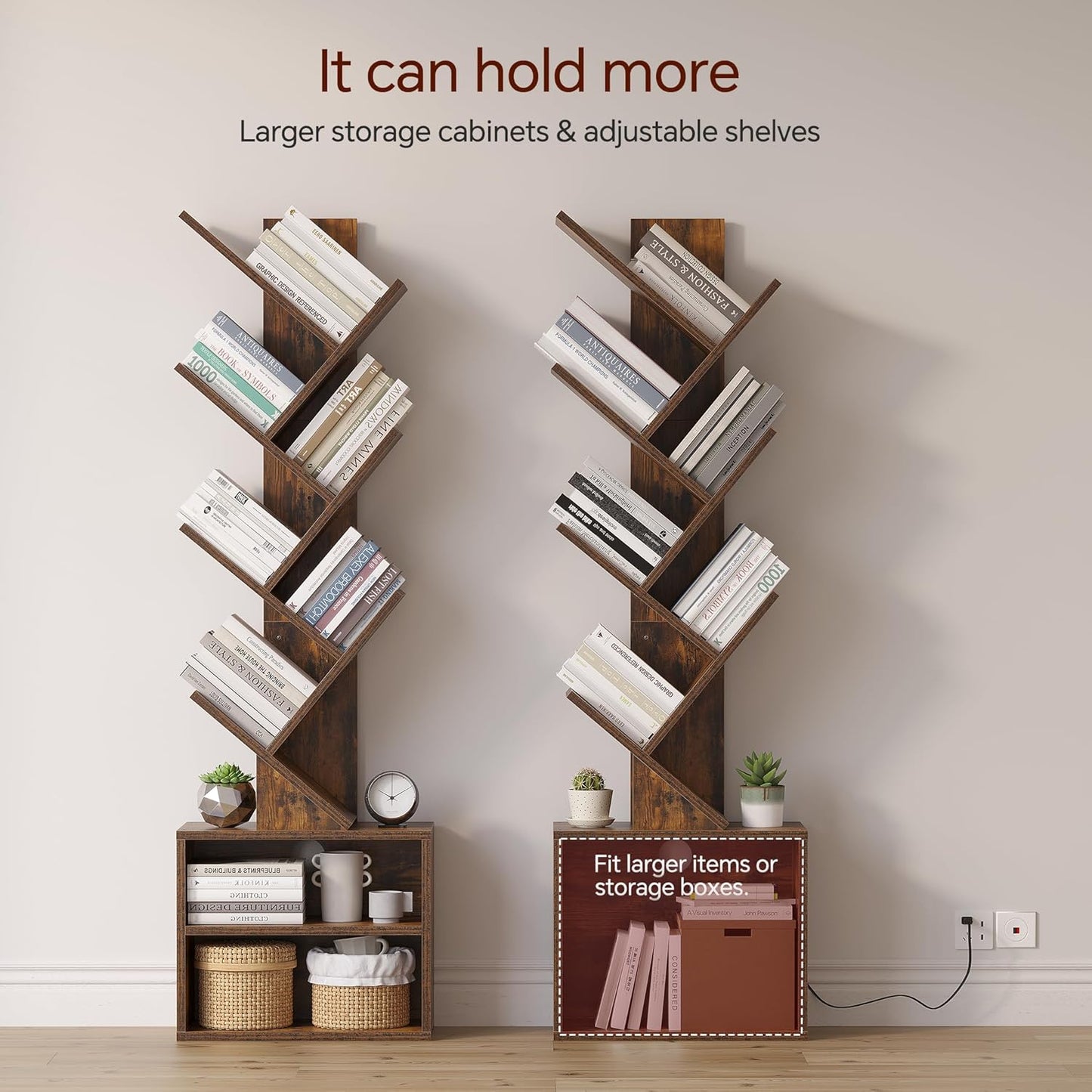 SUNMORY 6 Tier Tree Bookshelf, Small Bookcase with Storage Cabinet, Modern Tall Narrow Bookshelves Organizer, Floor Standing Book Shelf for Bedroom/Living Room/Home Office/Corner, Rustic Brown