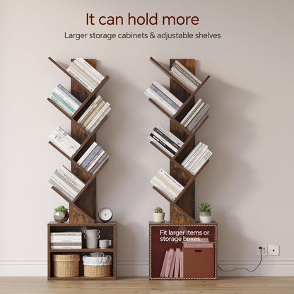 SUNMORY 6 Tier Tree Bookshelf, Small Bookcase with Storage Cabinet, Modern Tall Narrow Bookshelves Organizer, Floor Standing Book Shelf for Bedroom/Living Room/Home Office/Corner, Rustic Brown