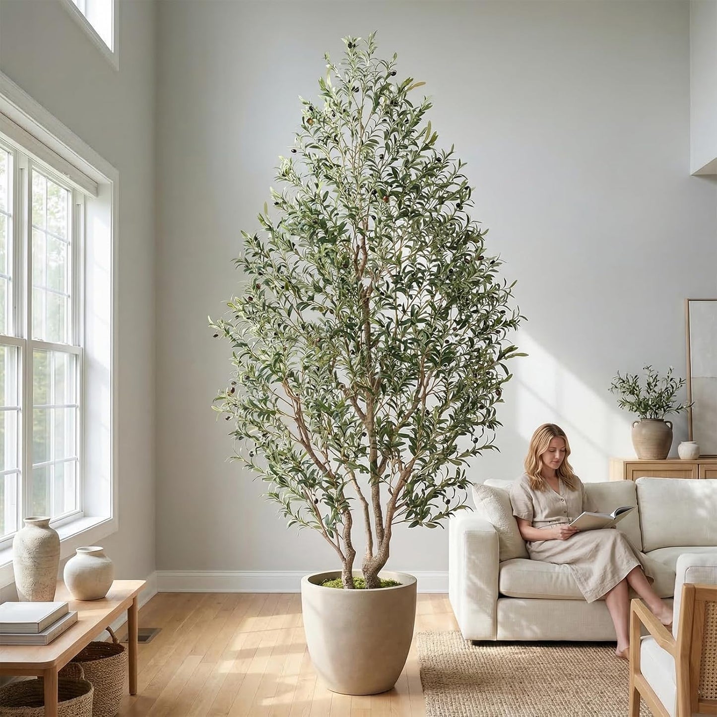 8ft Faux Olive Tree - Large Artificial Olive Tree with Realistic 1750 Leaves and 145 Olives - Lush and Elegant Fake Olive Tree with for Indoor Outdoor Office Living Room Decor