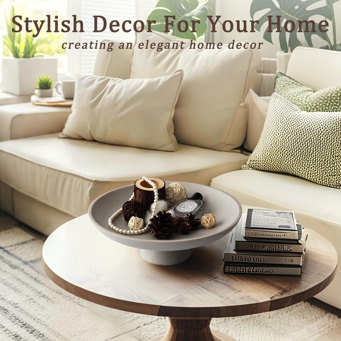 YMXYJM Modern Resin Pedestal Decorative Bowl, Large Fruit Bowl for Kitchen Counter, Stylish Key Bowl for Entryway Table, Beige