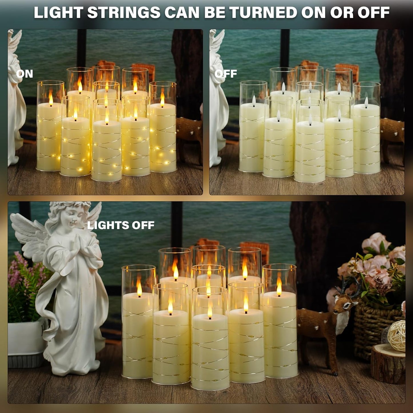 Nimiko Flickering Flameless LED Candles, 9 Pcs with Embedded Star String, Acrylic LED Pillar Candles with Remote, Suitable for Home Decoration (White)