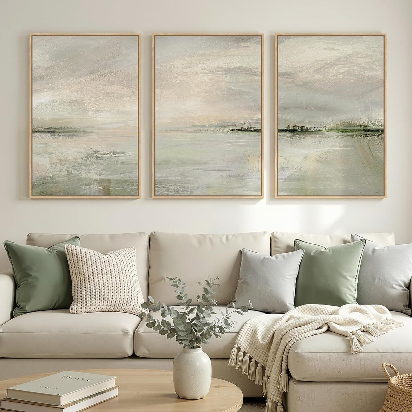 Large Framed Abstract Nature Landscape Wall Art for Living Room, Set of 3 Modern Canvas Prints Paintings Artwork for Walls, Green Lake Pictures for Hallway, Dining Room, Office Wall Decor 24x36 Inch