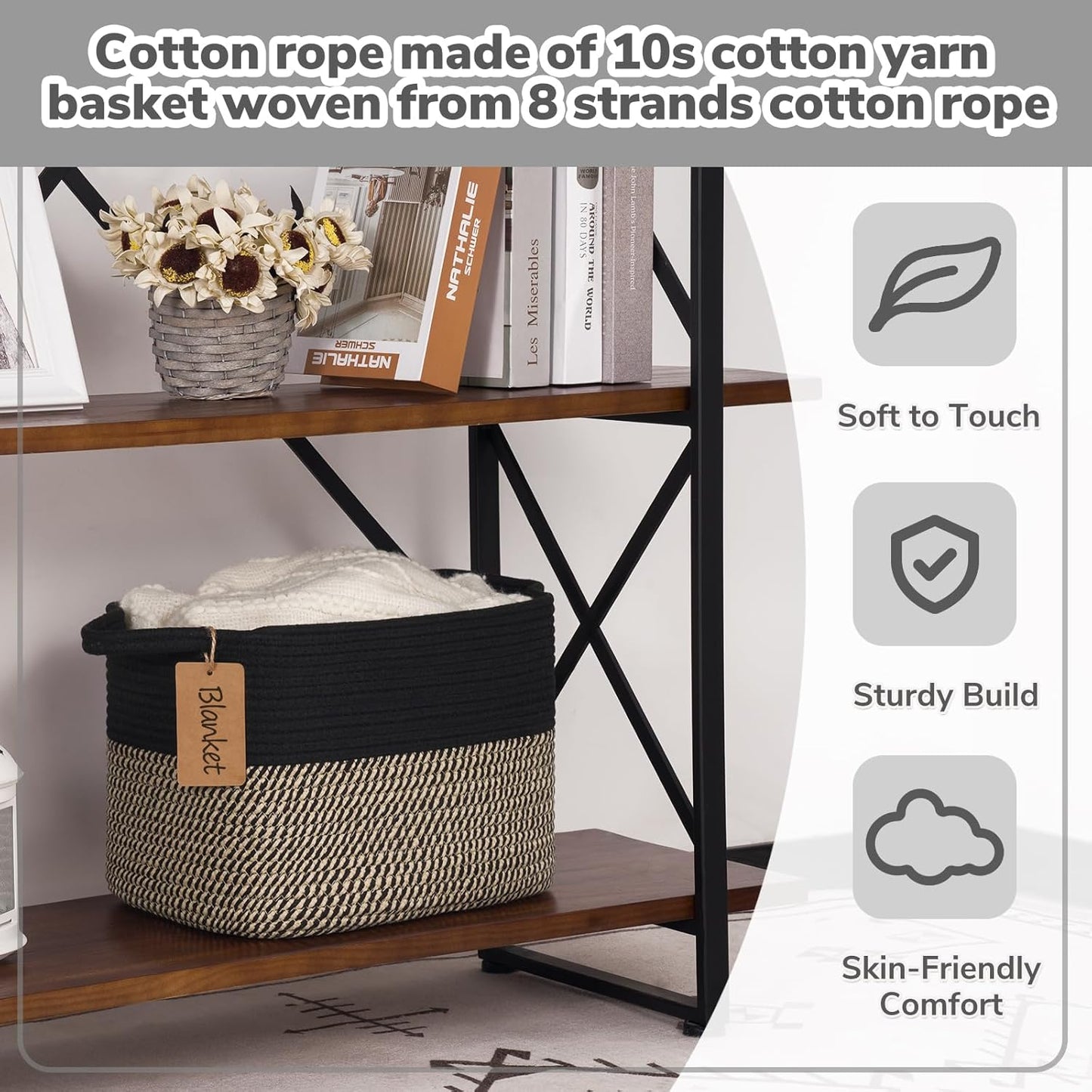 Goodpick Woven Storage Basket, Cotton Rope Basket for Dog Toys, Books, Stylish Gift Basket with Handles, 13 x 10 x 9 Inches Square Baskets for Organizing, Brown and White