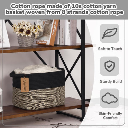 Goodpick Woven Storage Basket, Cotton Rope Basket for Dog Toys, Books, Stylish Gift Basket with Handles, 13 x 10 x 9 Inches Square Baskets for Organizing, Brown and White
