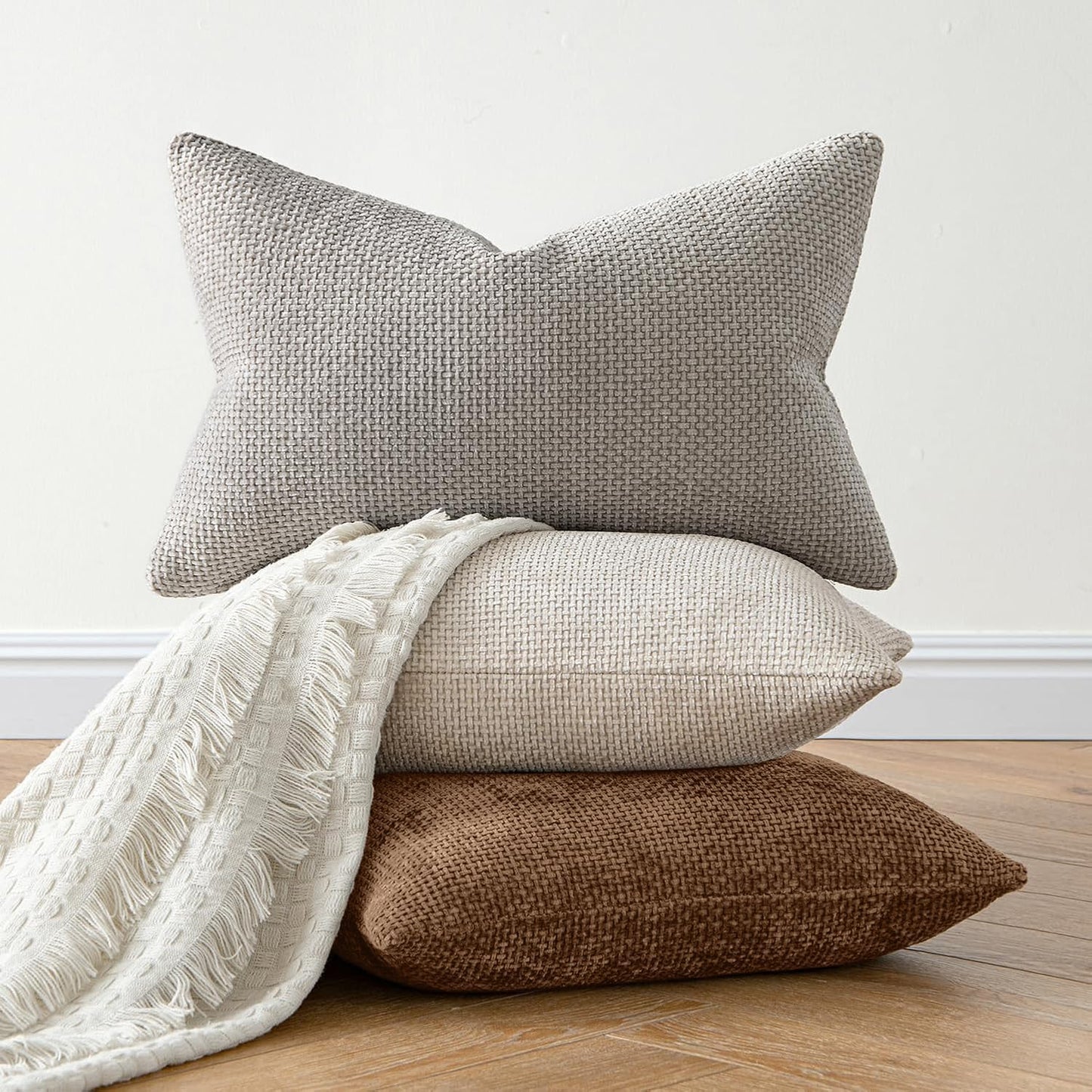 MIULEE Pack of 2 Couch Throw Pillow Covers 18x18 Inch Neutral Beige Modern Boho Accent Decorative Pillow Covers Soft Chenille Farmhouse Cushion Covers for Home Decor Bed Sofa Living Room