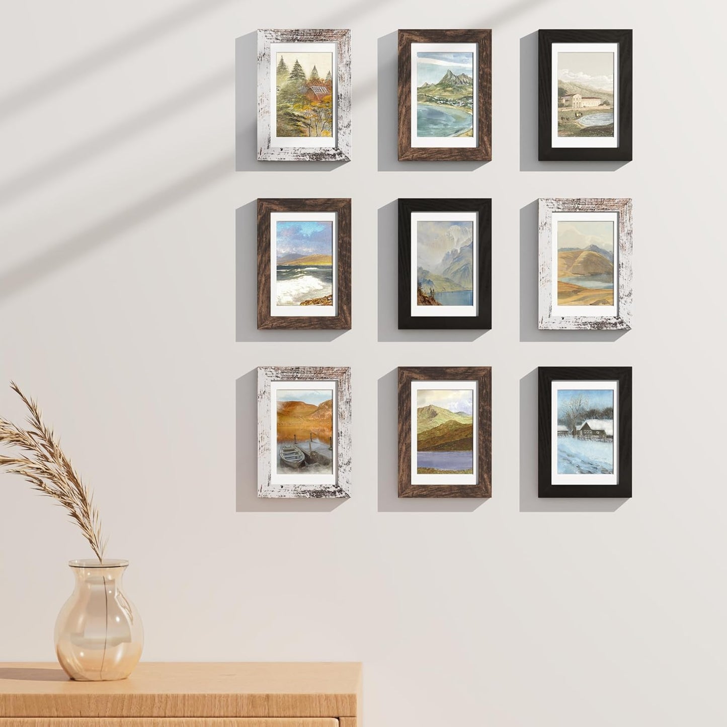 Vittanly 8x10 Picture Frames Set of 9, Shatter Resistant Plexiglass, Display 5x7 Pictures with Mat or 8x10 without Mat, Photo Frames for Wall or Tabletop, Engineered Wood, Black - Colors B