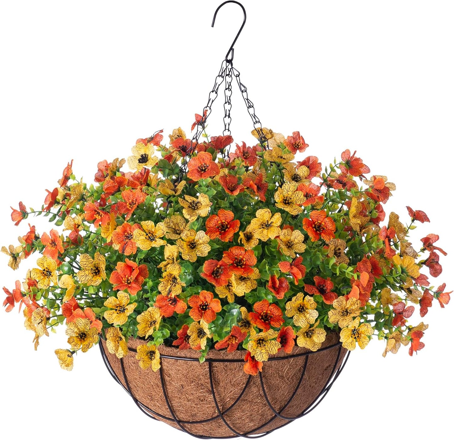 Artificial Silk Flowers Hanging Basket for Outdoor Indoor, Daisy with Eucalyptus Leaves Arrangement for Garden Yard Spring Summer Decor, Faux Green Plant in Metal Coconut Lining Pot(Red Purple)