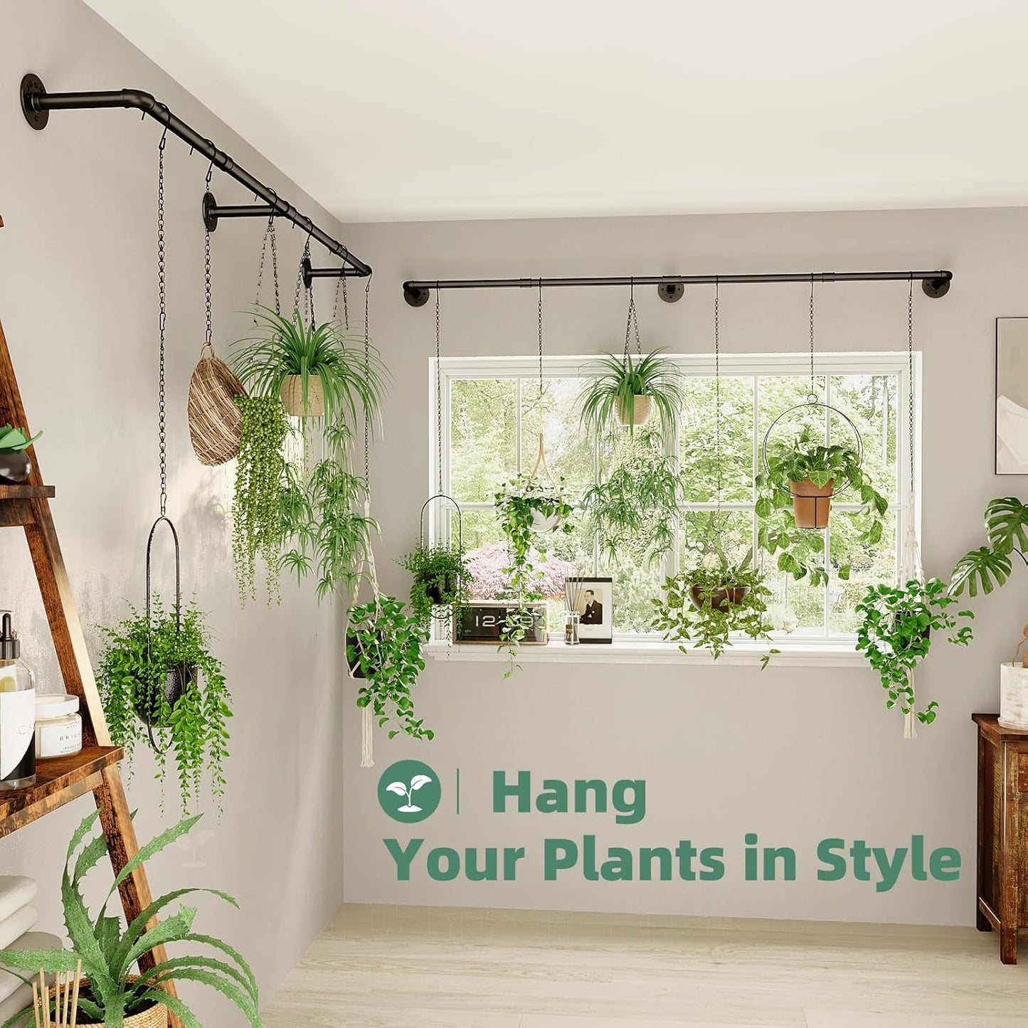 Galood Plant Hanger Indoor with 6 Hanging Chains Hanging Planters for Indoor Plants Hanging Plant Holder Window Plants Rod Black Metal Shelves(70.8 Inch Pot not Included