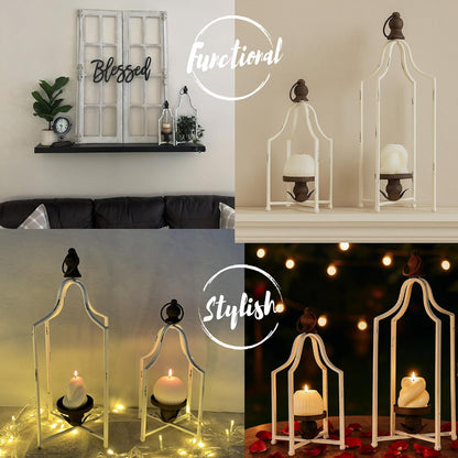 12.5" & 16.5" Timeless Cozy Decorative Lanterns Set of 2, Handcrafted Metal Iron Candle Holders, Farmhouse Elegance Fireplace Mantel Table Festive Gatherings Decor (Antique Gold)