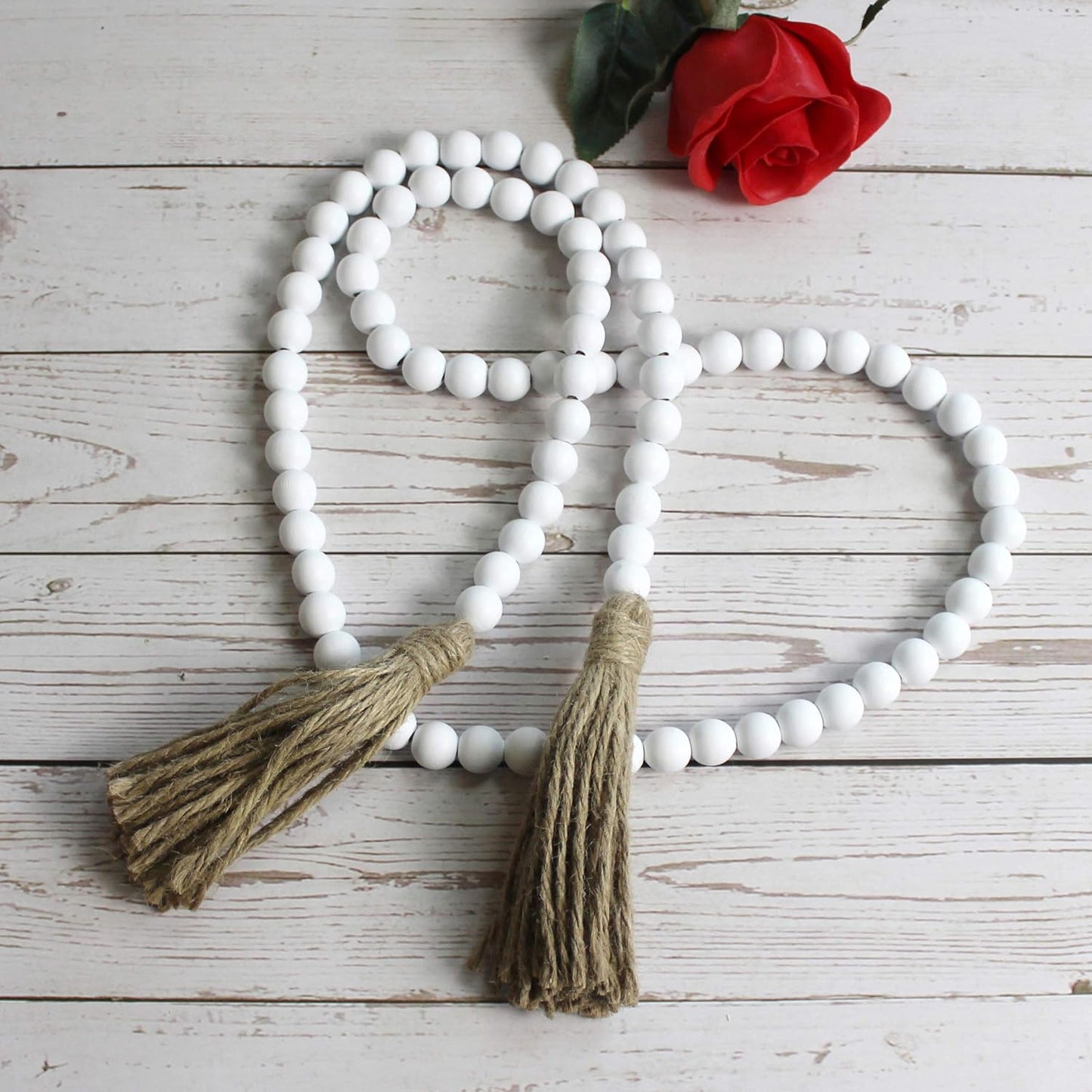 CVHOMEDECO. Wood Beads Garland with Tassels Farmhouse Rustic Wooden Prayer Bead String Wall Hanging Accent for Home Festival Decor. Mix Distressed