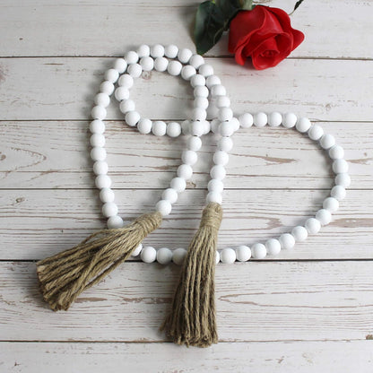 CVHOMEDECO. Wood Beads Garland with Tassels Farmhouse Rustic Wooden Prayer Bead String Wall Hanging Accent for Home Festival Decor. Mix Distressed