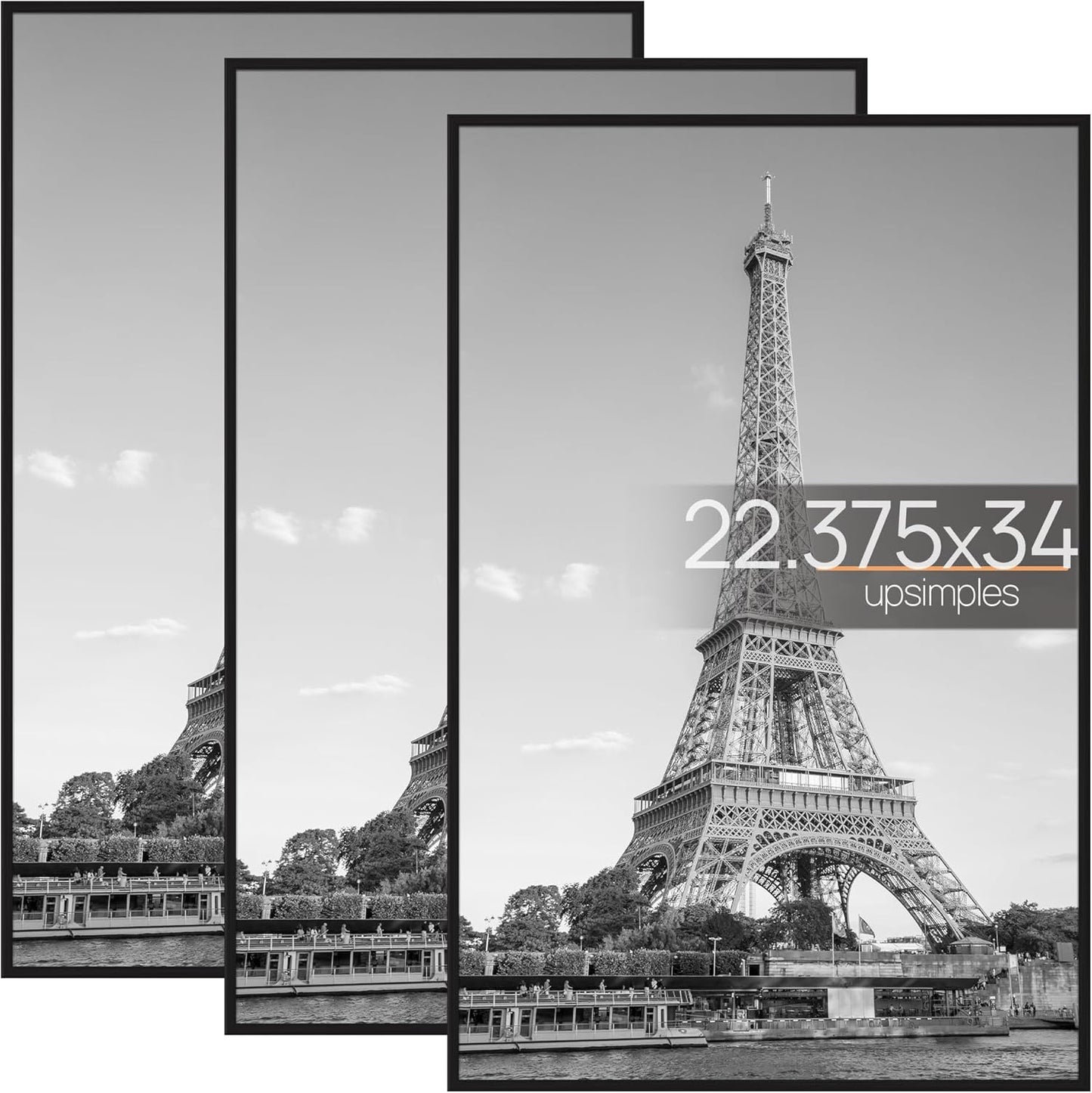 upsimples 18x24 Picture Frame Black 3 Pack, Scratch-Proof Poster Frames 18 x 24 for Photo Gallery - Slide-In Strips, Horizontal or Vertical Wall Mounting