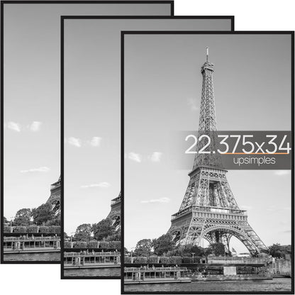 upsimples 18x24 Picture Frame Black 3 Pack, Scratch-Proof Poster Frames 18 x 24 for Photo Gallery - Slide-In Strips, Horizontal or Vertical Wall Mounting