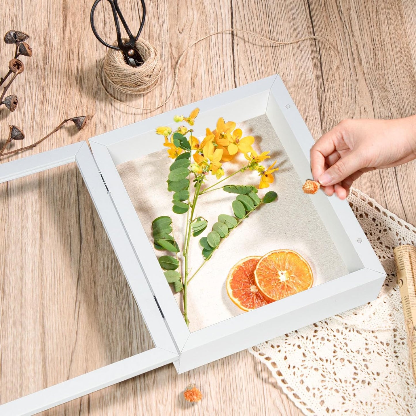 Califortree 8x10 Shadow Box Frame with Linen Back - Sturdy Rustic Memory Display Case of Flower, Pictures, Medals and More, White