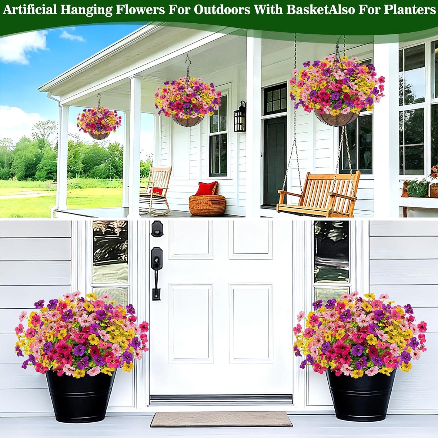 2 Sets Artificial Hanging Plants Flowers Basket Outdoor, Fake Hanging Plants 24 Pcs Flowers for Porch Patio Garden Home Decor for Mothers Day Memorial Day Spring Summer (Red, Purple, Yellow, Rose Red)
