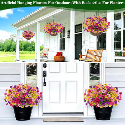2 Sets Artificial Hanging Plants Flowers Basket Outdoor, Fake Hanging Plants 24 Pcs Flowers for Porch Patio Garden Home Decor for Mothers Day Memorial Day Spring Summer (Red, Purple, Yellow, Rose Red)
