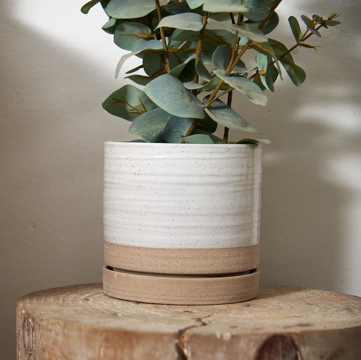 HERDUK 6 Inch Plant Pots, Ceramic Planter Pot with Drainage Hole & Saucer, Indoor/Outdoor Cylinder Round Planter Pot, Green & Beige