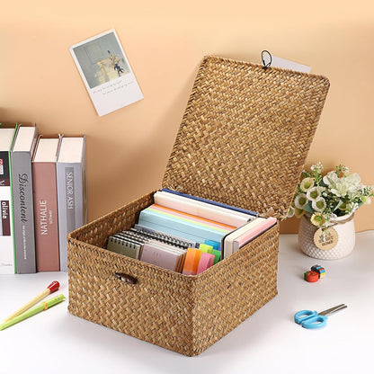 Hipiwe Seagrass Basket with Lid Wicker Storage Basket Square Handwoven Decorative Baskets Box for Shelf Multipurpose Household Baskets Home Decor,X-small
