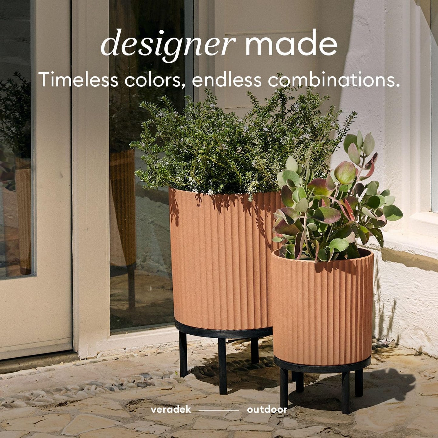 Veradek Demi Series Round Planter w/ Stand for Porch/Patio | Durable Plastic-Concrete & Wooden Stand | Modern Décor for Tall Plants, Flowers