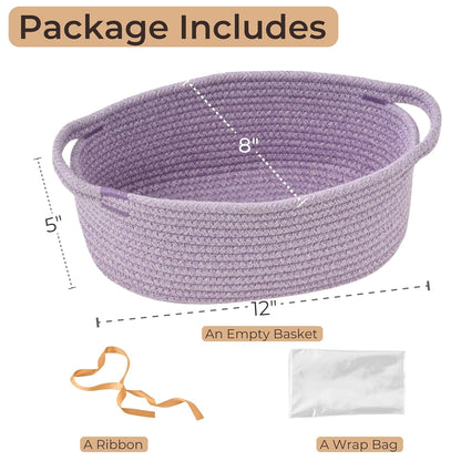 Small Woven Gift Basket Empty with Bag & Ribbon - Gifts for Mom, Baby Shower, Birthdays & Raffle - Cotton Rope Storage Basket for Dog Toys or Shelf - 12"x8"x5", White