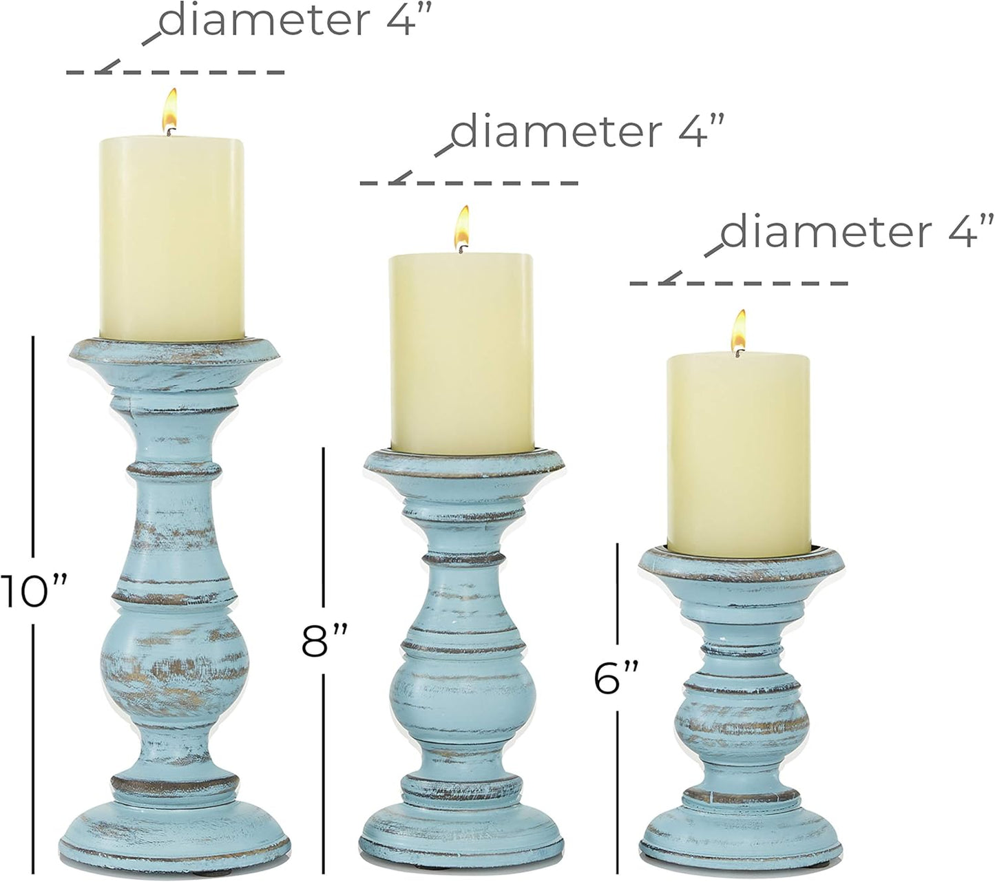 Deco 79 Mango Wood Decorative Candle Holder Distressed Turned Pillar Candle Stand, Set of 3 Candlestick Holder 6", 8", 10"H, Light Blue